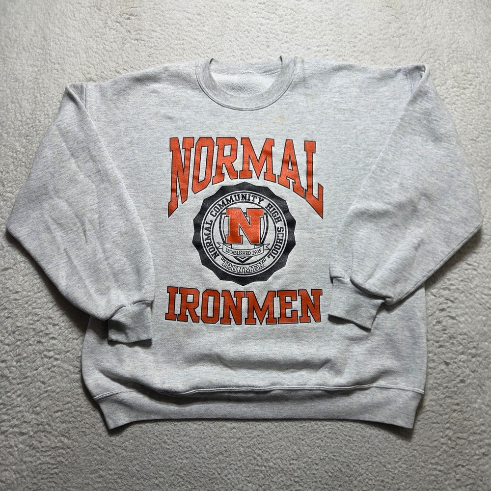 Vintage 90s Normal Community High School Ironman Sweatshirt Mens XL Gray Sporty